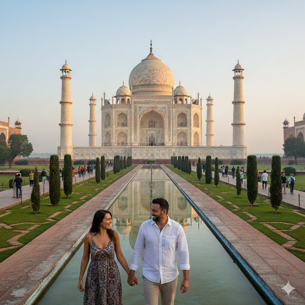 Romantic couple walking hand in hand in front of the Taj Mahal with reflecting pool in Agra India, popular travel destination