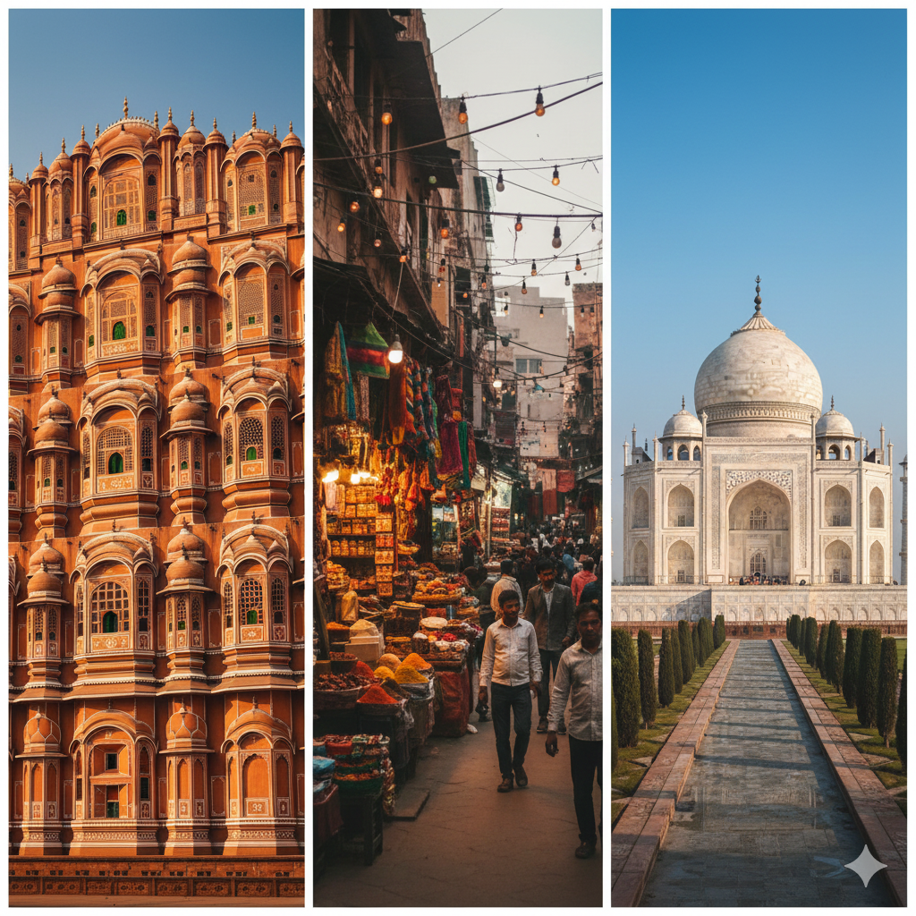 Hawa Mahal palace facade in Jaipur, a busy traditional market street with hanging lights, and the Taj Mahal viewed from the central garden pathway