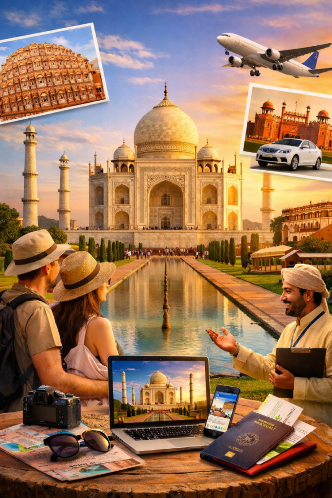 Golden Triangle tour experience at Taj Mahal with guide, tourists and travel planning
