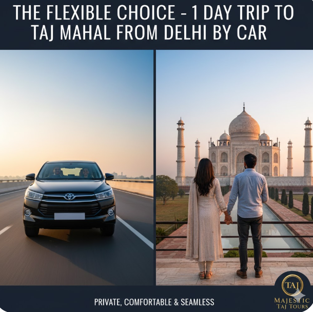 Delhi to Taj Mahal one day tour by car with private transport and couple viewing Taj Mahal at sunrise.