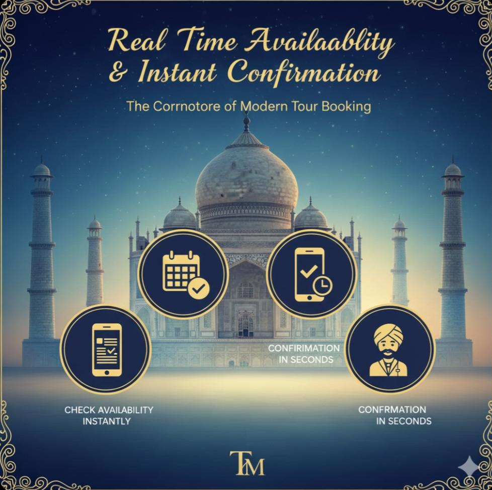 Illustration showing the Taj Mahal with text “Real Time Availability & Instant Confirmation—The Cornerstone of Modern Tour Booking,” featuring icons for instant availability check, mobile booking, quick confirmation, and tour assistance.