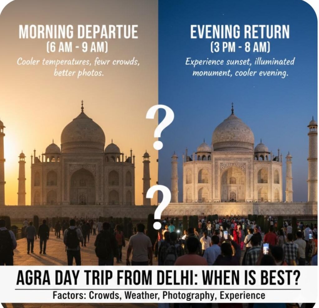 Morning departure vs evening return comparison for Agra day trip from Delhi showing best time to visit the Taj Mahal