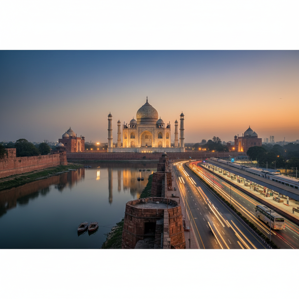 Taj Mahal at sunset with Yamuna River and Agra city view