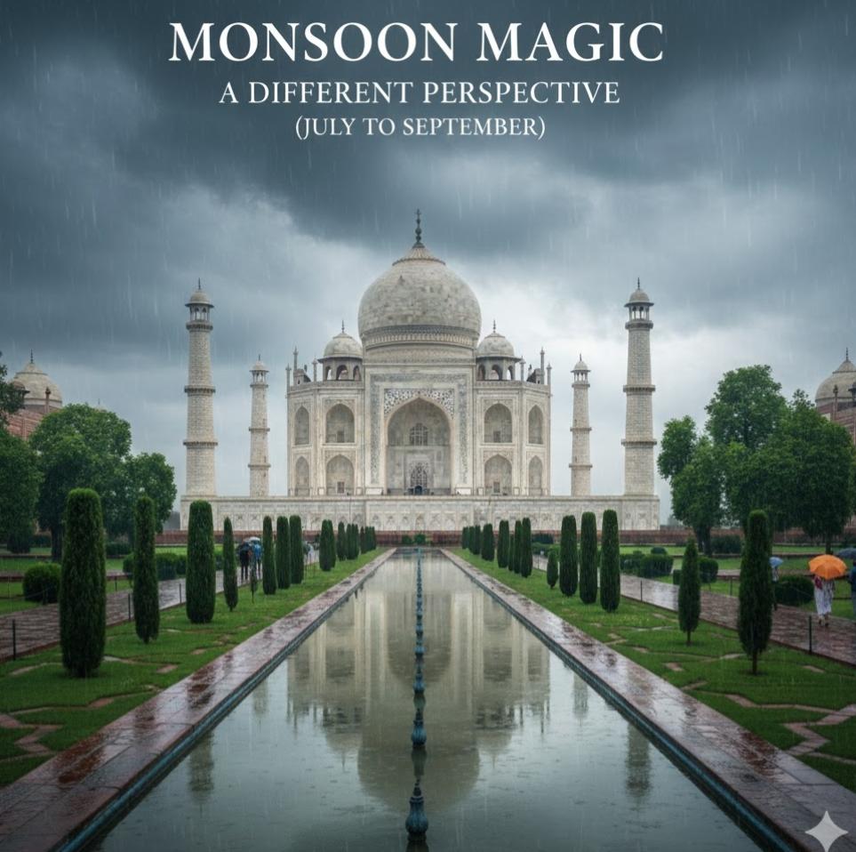 Taj Mahal during monsoon season in Agra showcasing rainy weather and lush gardens from July to September