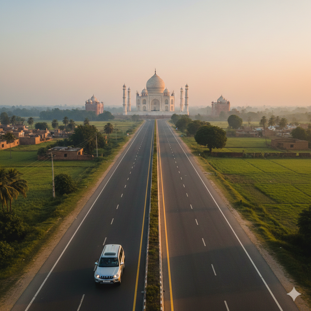 Car driving on highway toward Taj Mahal at sunrise with scenic countryside view.