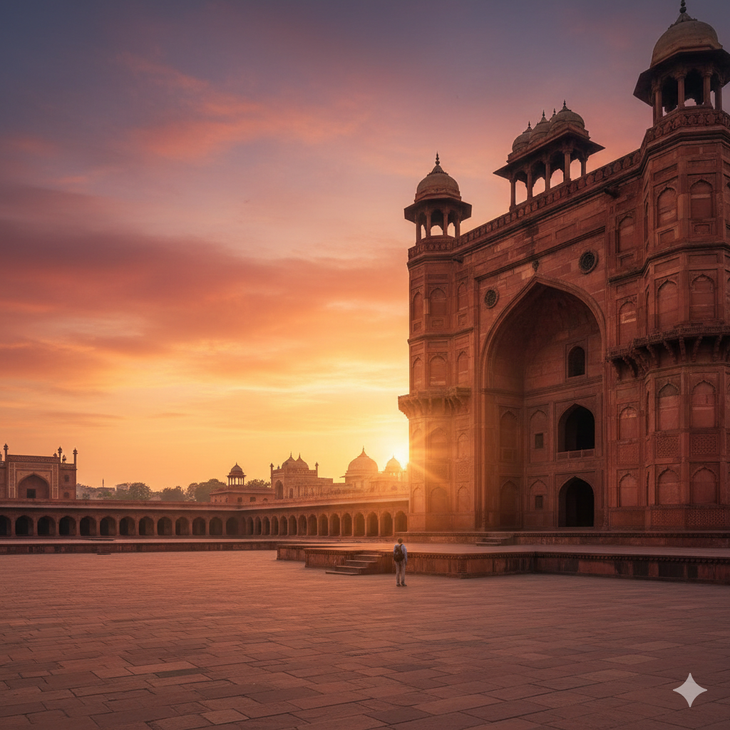 Agra Fort at sunset showcasing Mughal architecture, red sandstone walls, and historic arches in Agra, India
