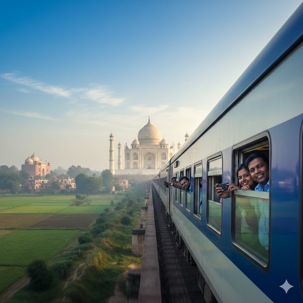 Friends leaning out of a train window taking a selfie with the Taj Mahal in the background, Agra India