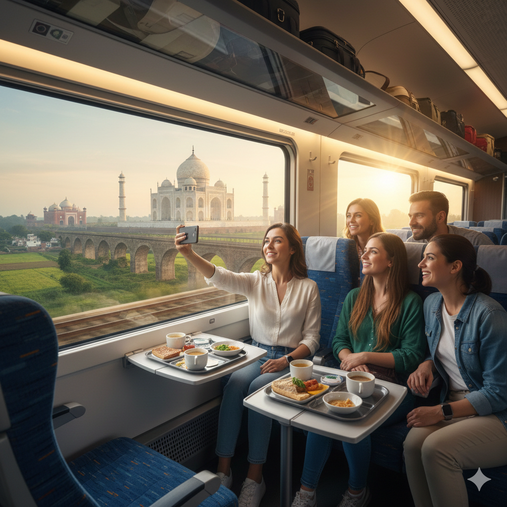 Happy friends group taking smartphone selfie inside Vande Bharat train, Taj Mahal visible through window at sunrise